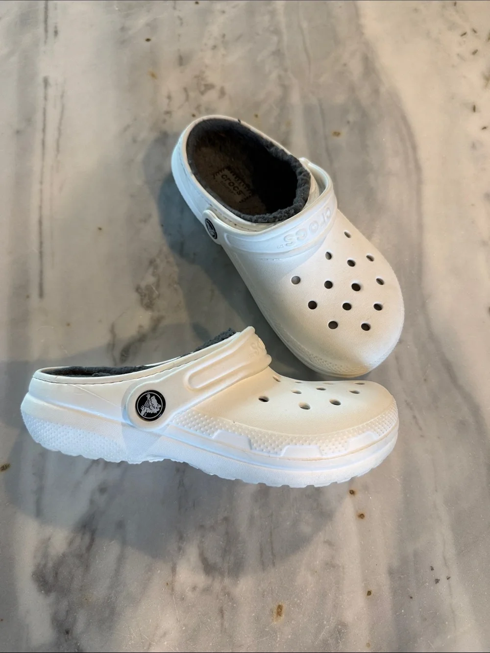 CROCS White Kids Classic Clog with Gray Fleece Lining